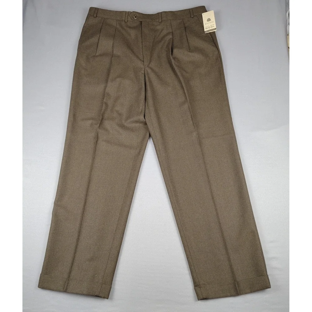 VTG Chaps Ralph Lauren Pants Mens 42x32 Brown Wool Pleated Cuffed NWT Office